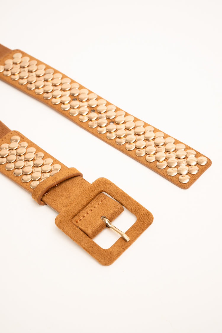 Stud-embellished cognac elastic belt