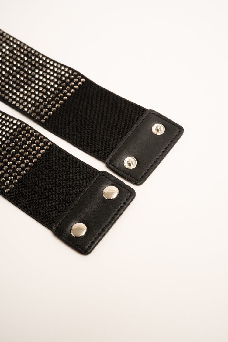 Rhinestone-embellished black elastic belt