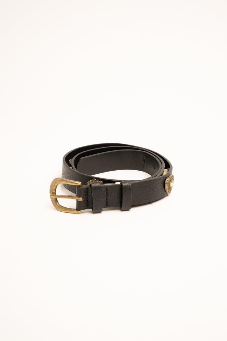 Heart-embellished black faux leather belt