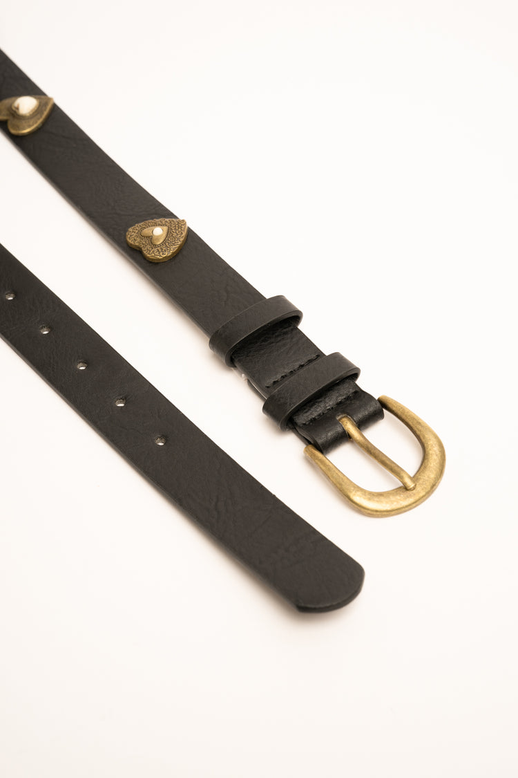 Heart-embellished black faux leather belt