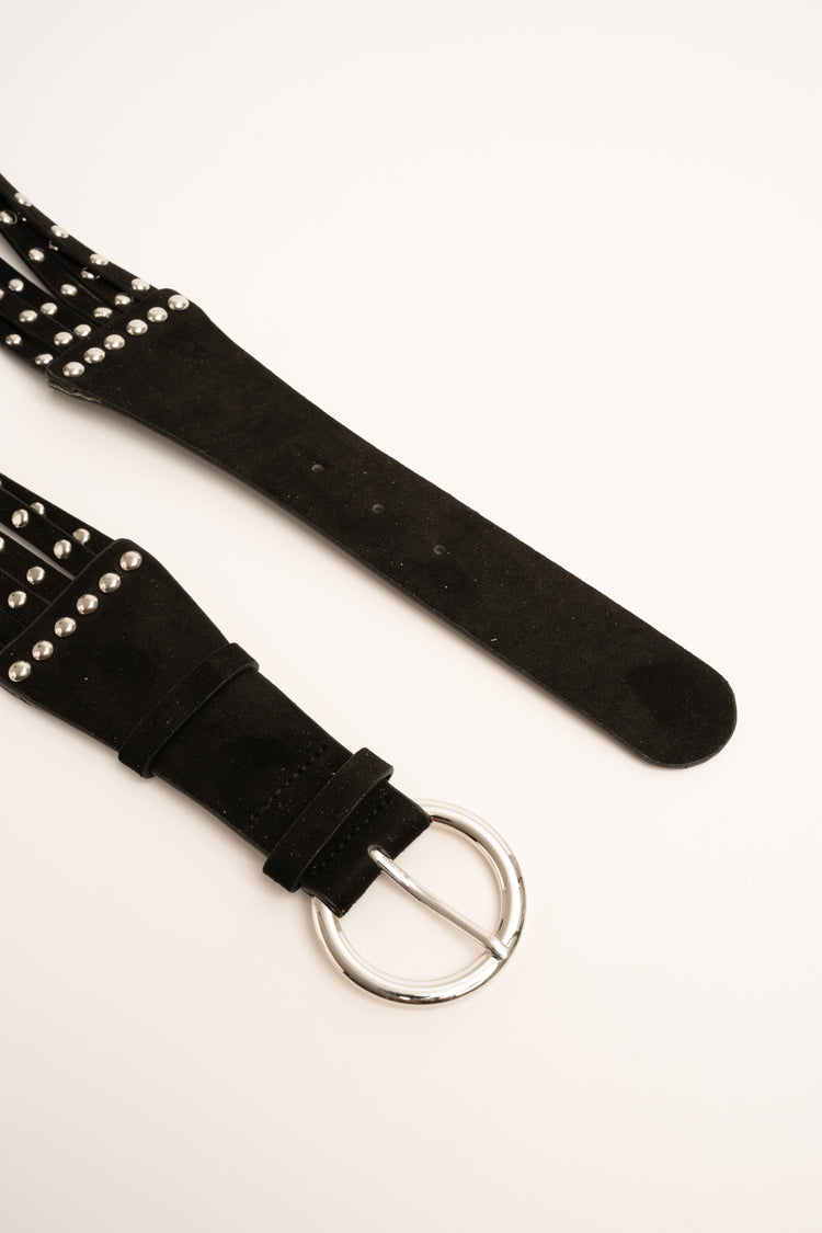 Silver-tone stud-embellished rips black belt