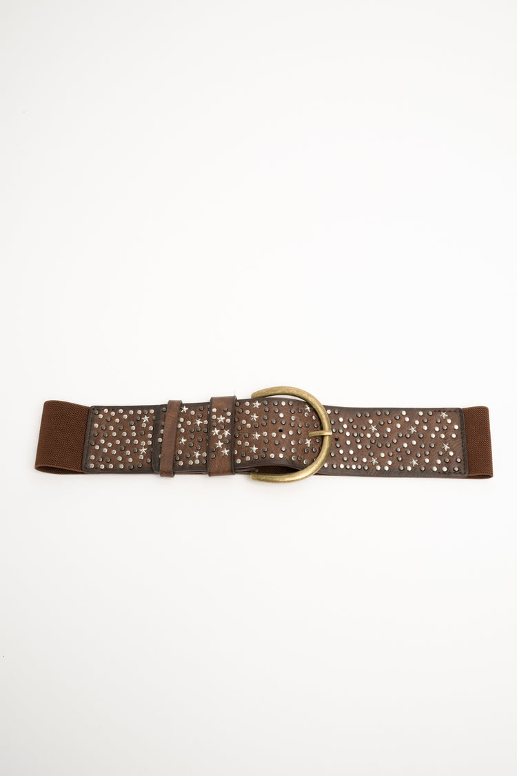 Star-embellished brown elastic belt