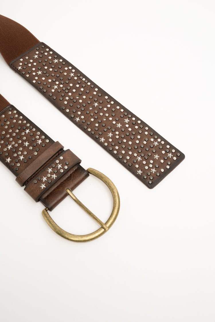 Star-embellished brown elastic belt