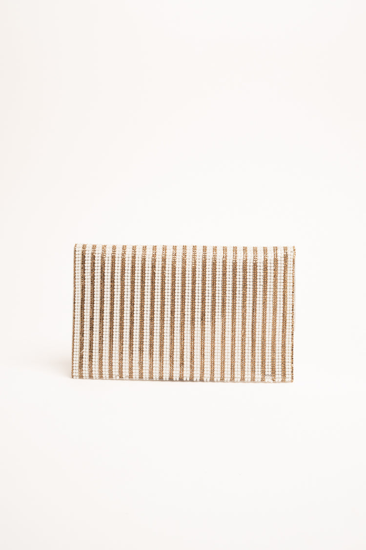 Golden and white rhinestone & bead clutch bag