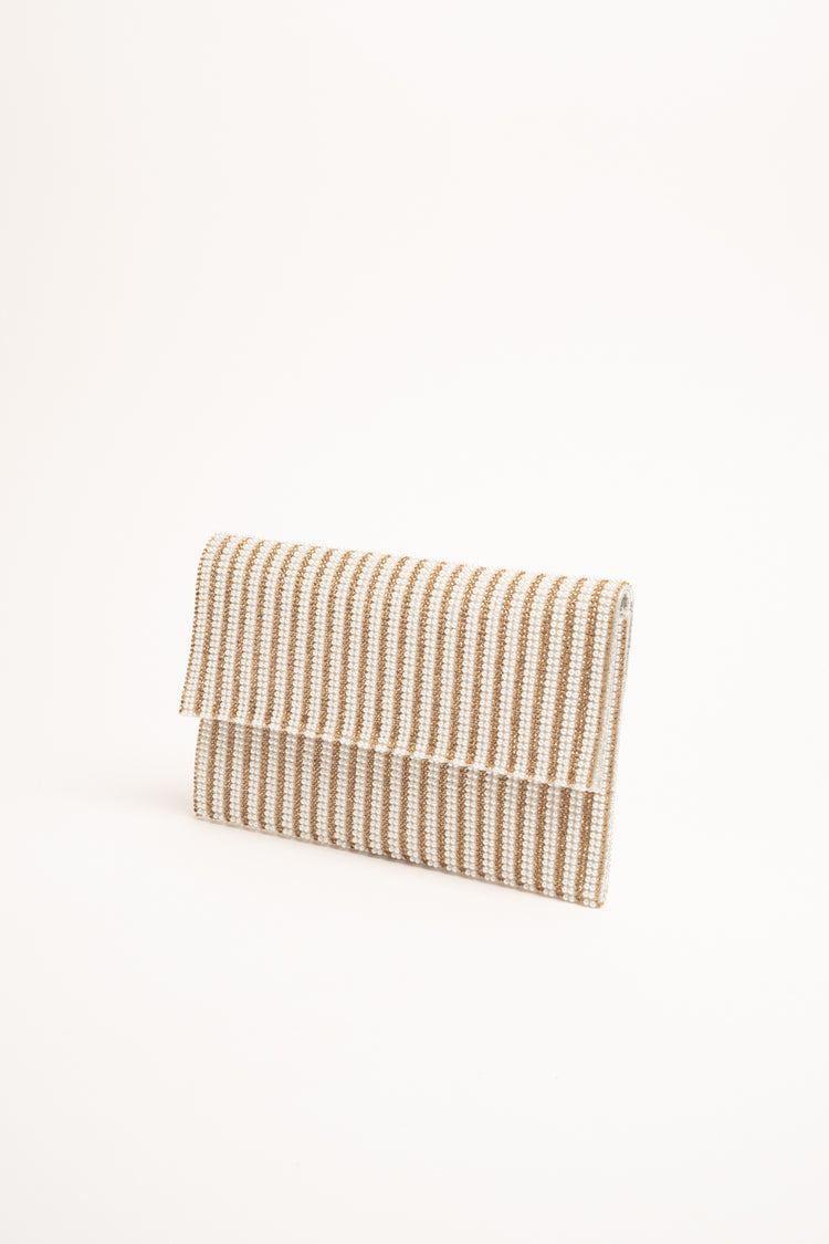 Golden and white rhinestone & bead clutch bag