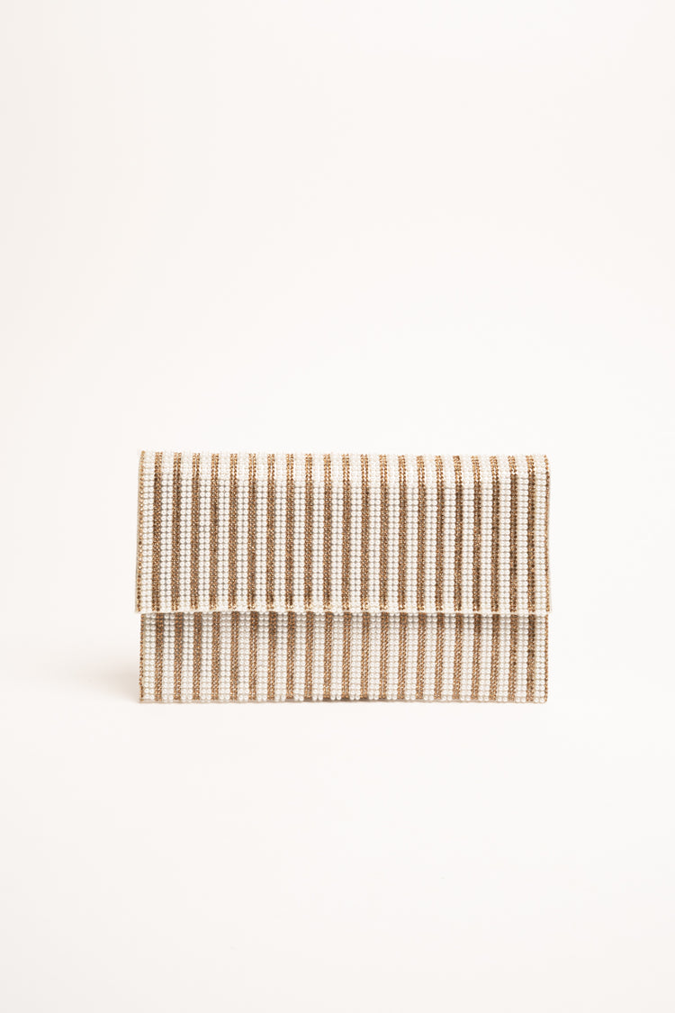 Golden and white rhinestone & bead clutch bag