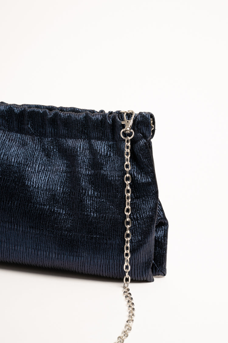 Blue lamé fabric gathered clutch bag