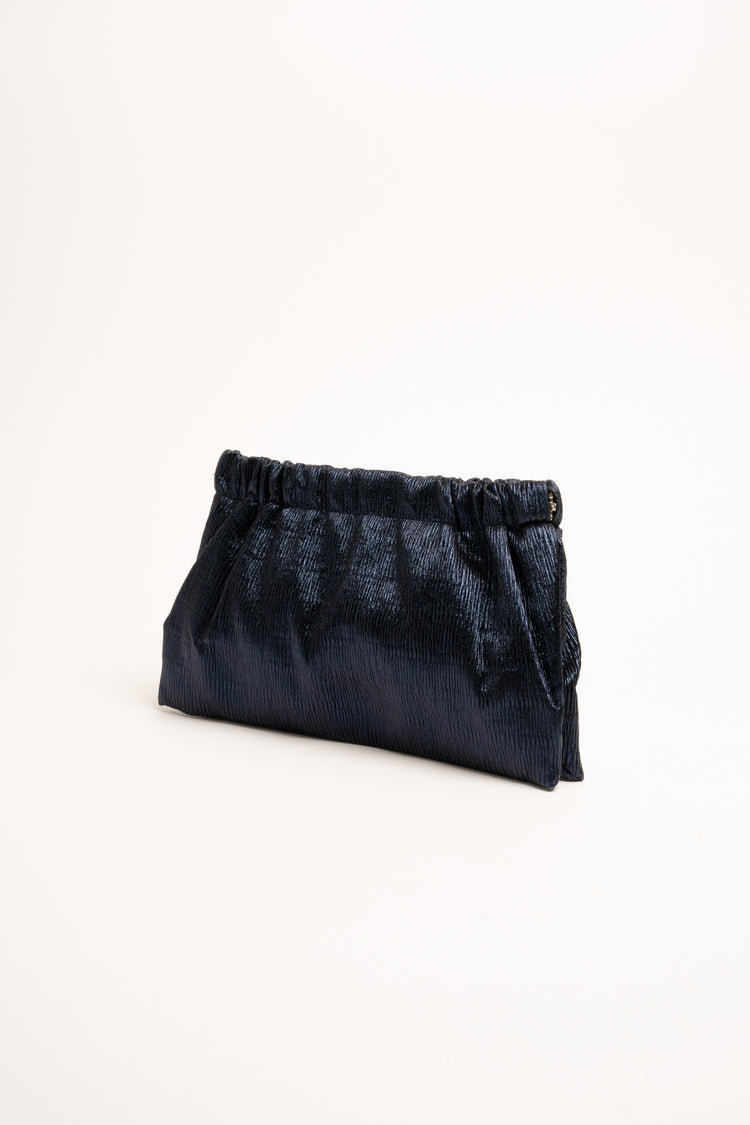 Blue lamé fabric gathered clutch bag