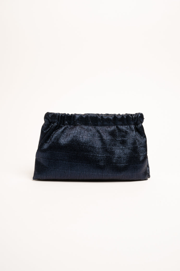 Blue lamé fabric gathered clutch bag