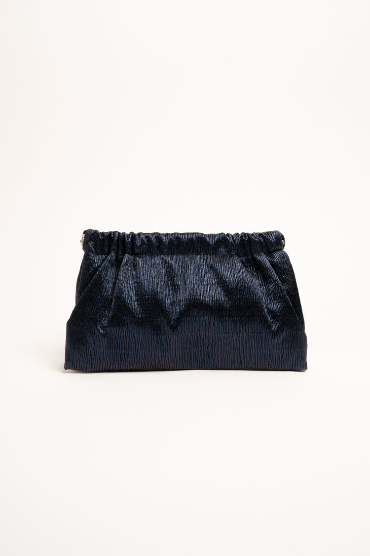 Blue lamé fabric gathered clutch bag