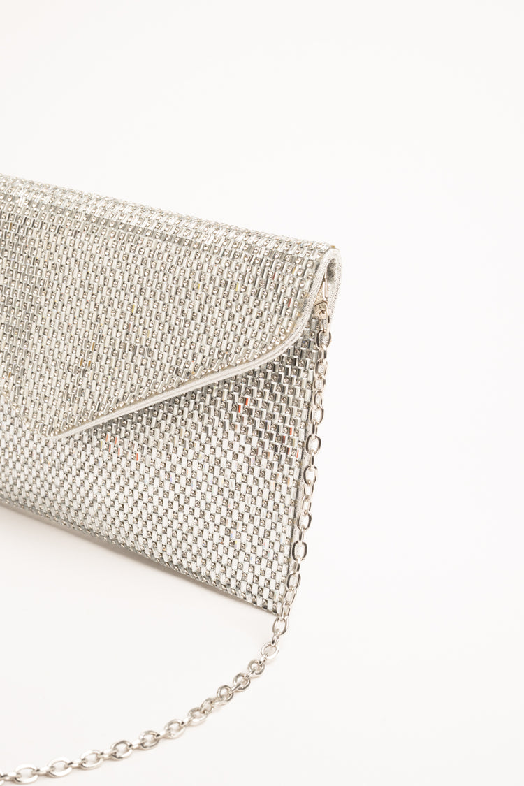 Silver-tone rhinestone-embellished clutch bag