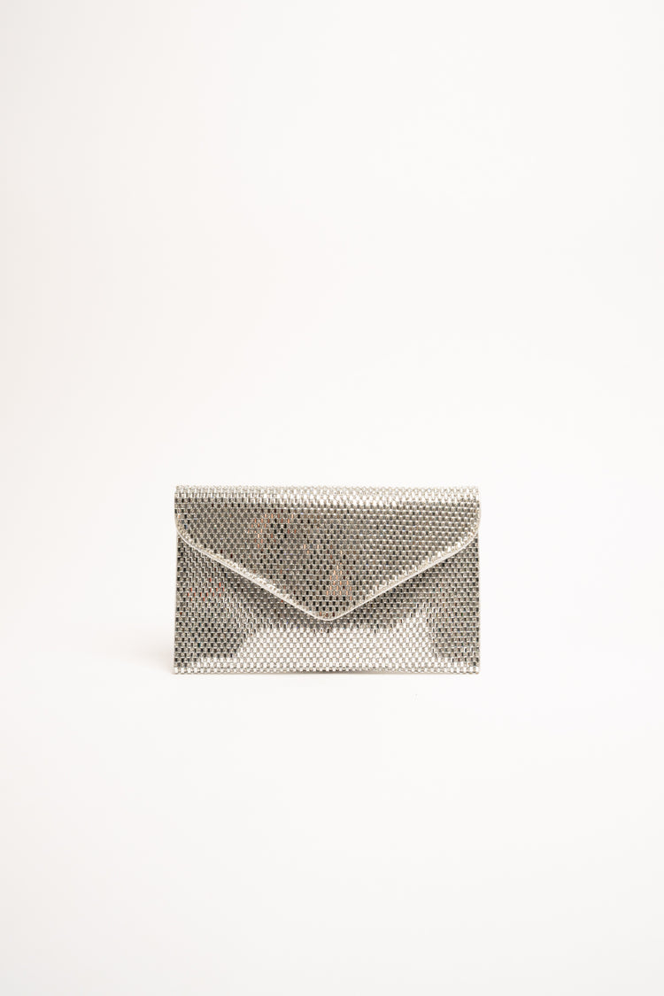 Silver-tone rhinestone-embellished clutch bag