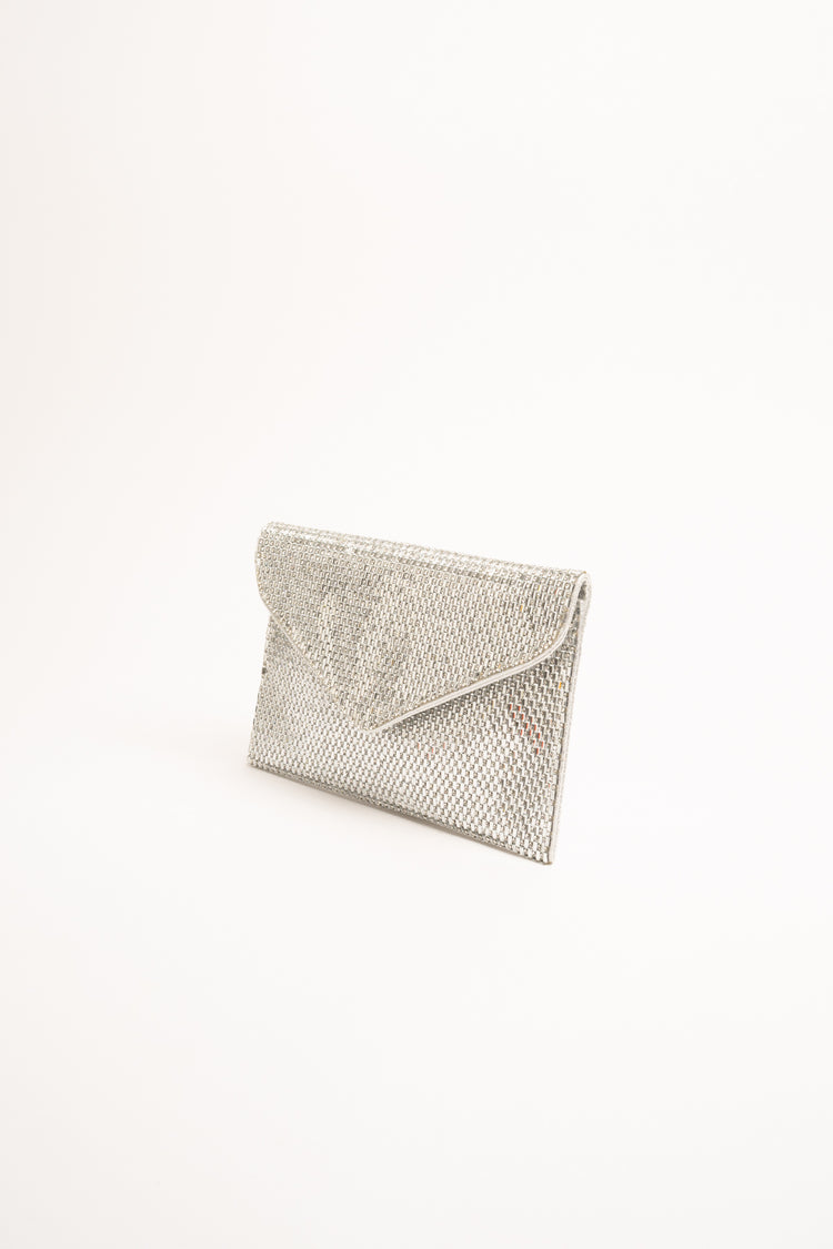 Silver-tone rhinestone-embellished clutch bag