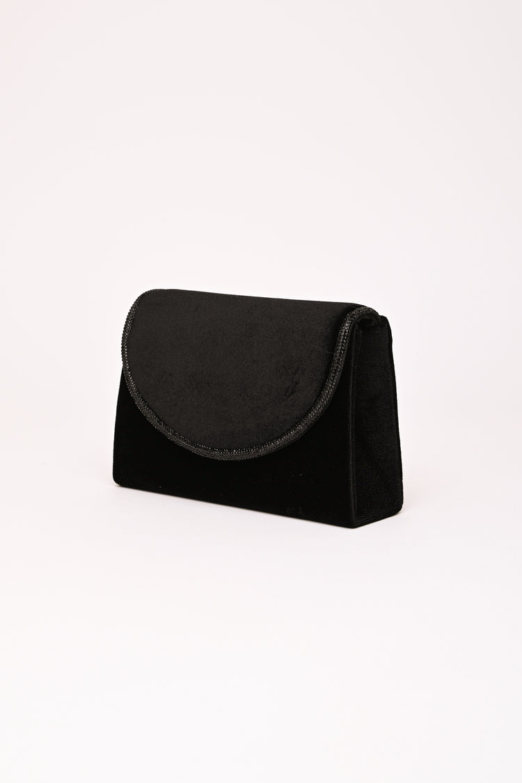 Rhinestone piping velvet clutch bag