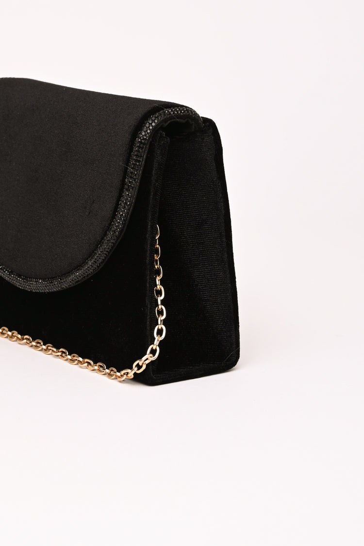 Rhinestone piping velvet clutch bag