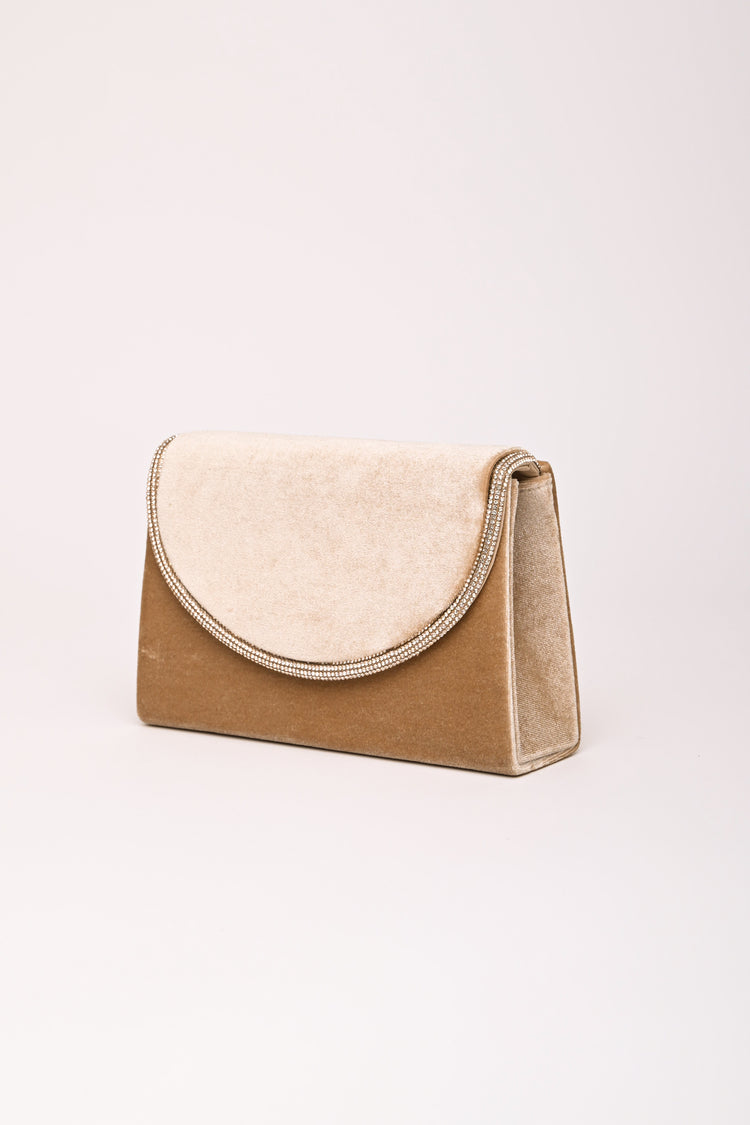 Rhinestone piping velvet clutch bag