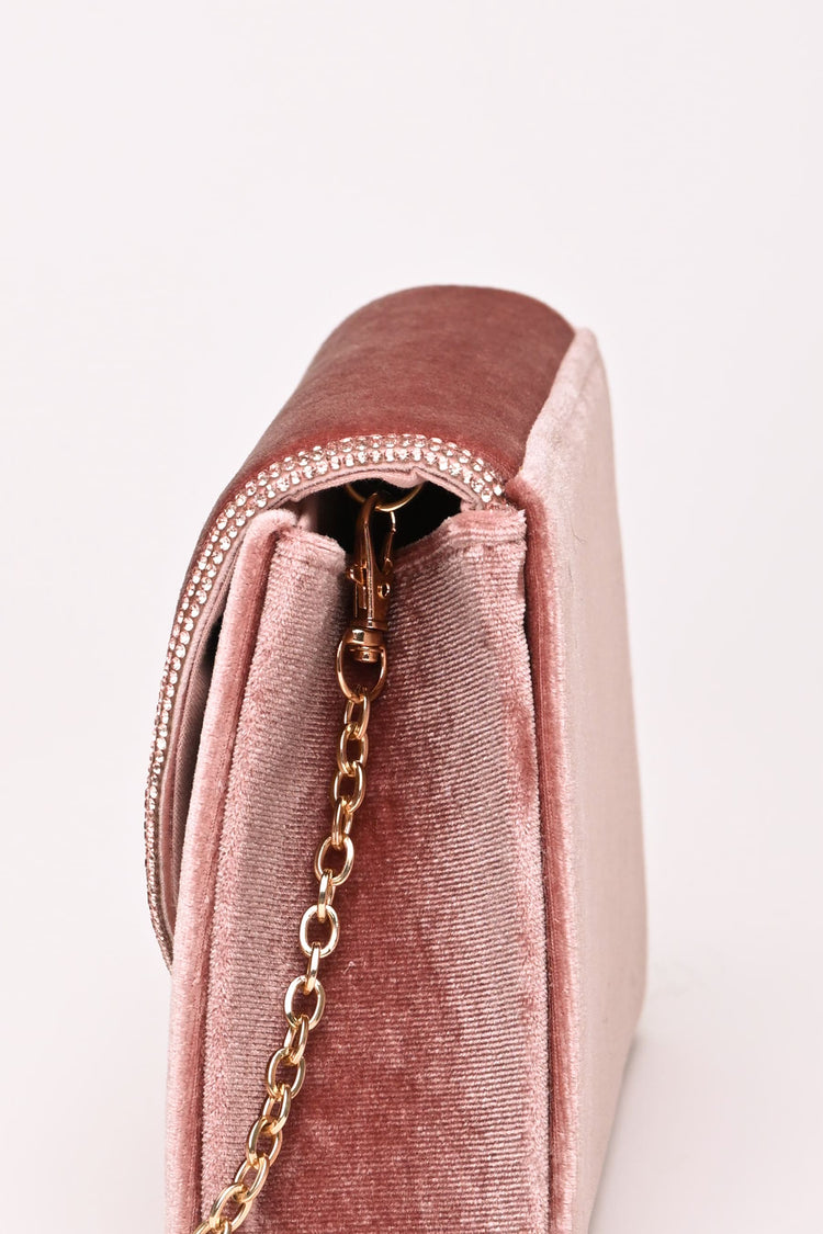 Rhinestone piping velvet clutch bag