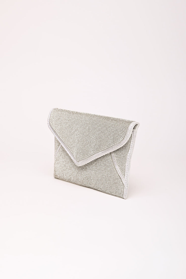 Silver rhinestone-embellished clutch bag