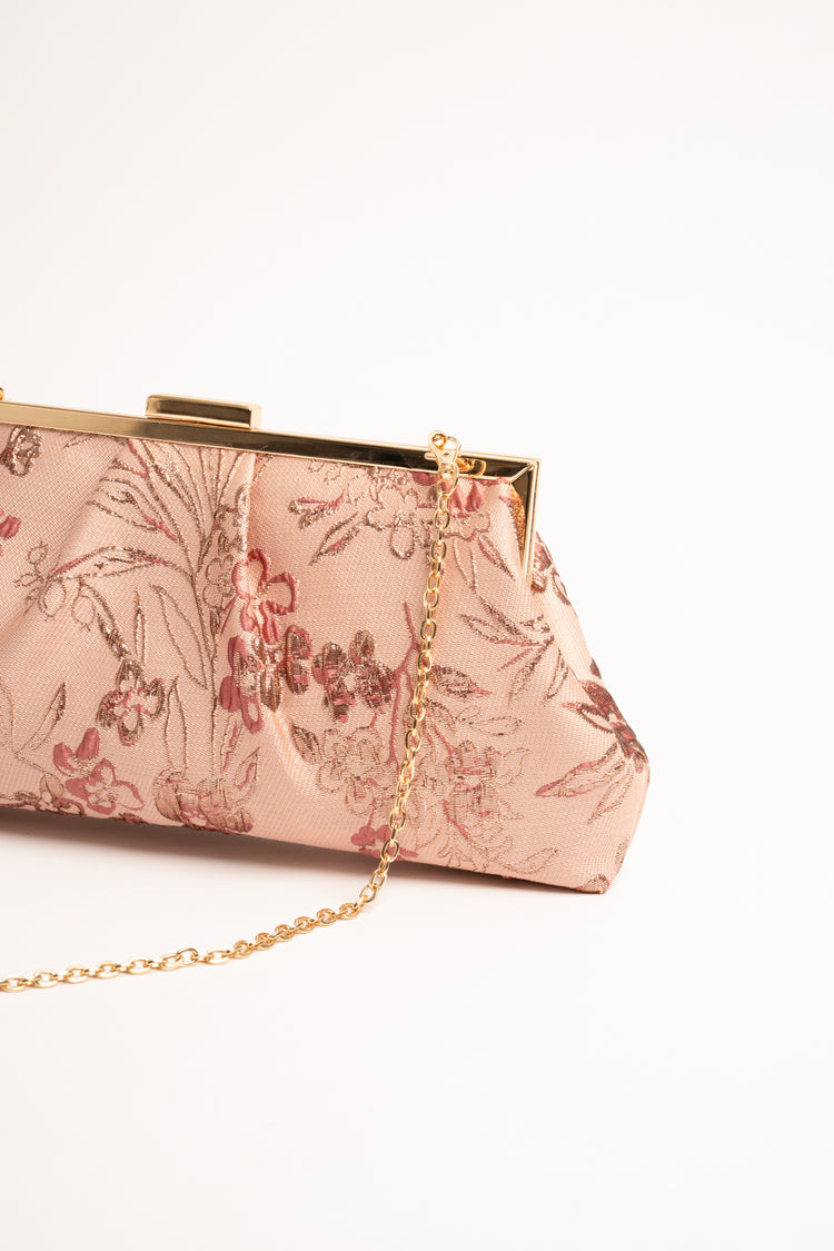 Pink floral jacquard clutch bag