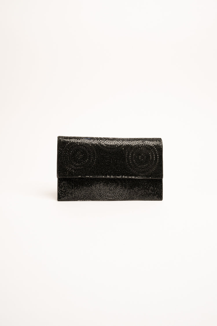 Black circle motif rhinestone clutch bag