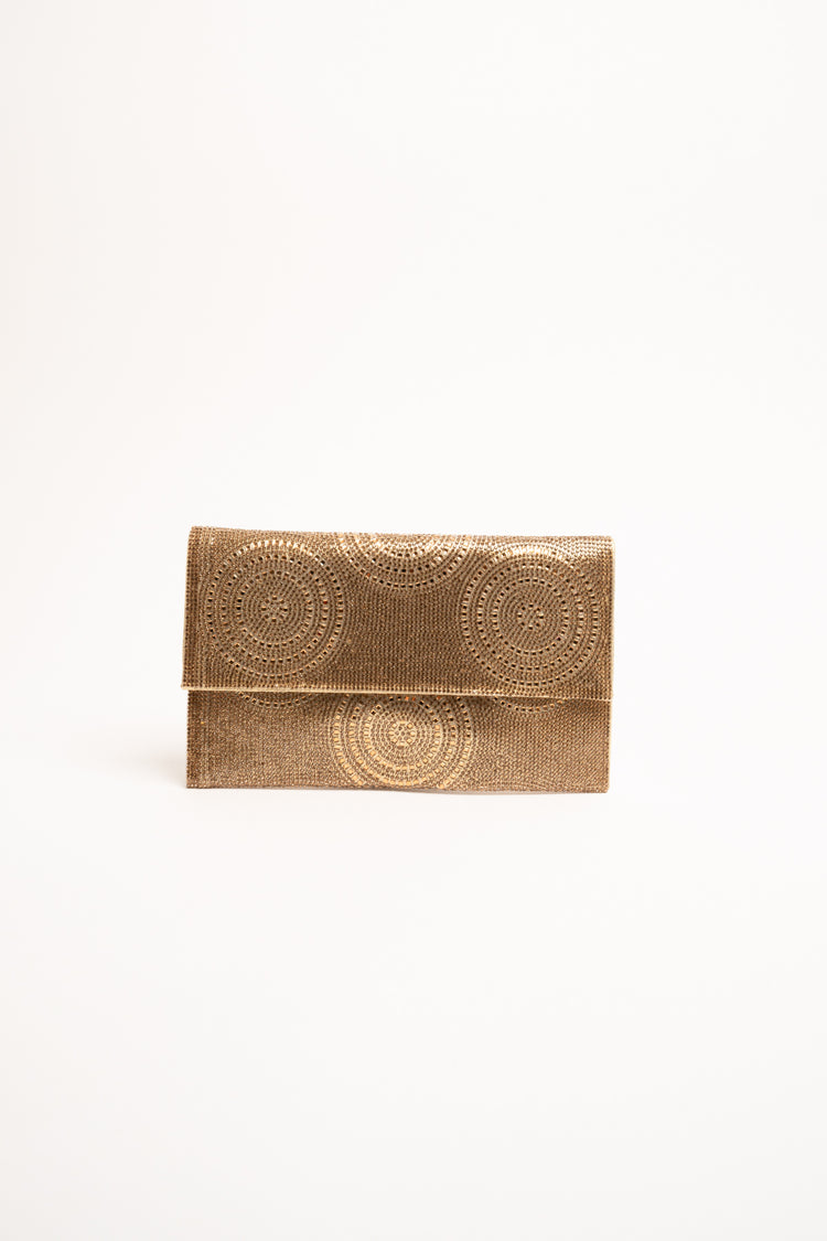 Golden circle motif rhinestone clutch bag