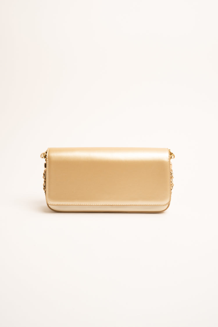 Beige faux leather chain-strap clutch bag