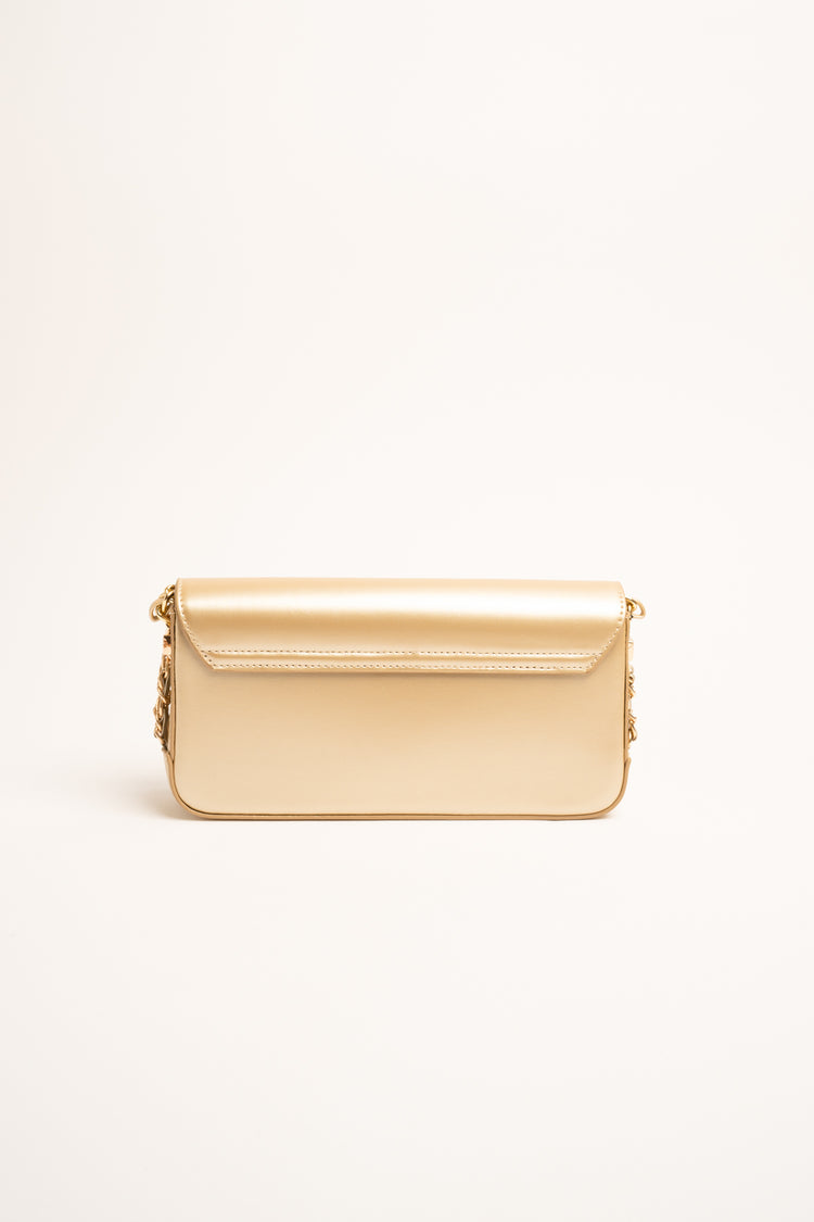 Beige faux leather chain-strap clutch bag