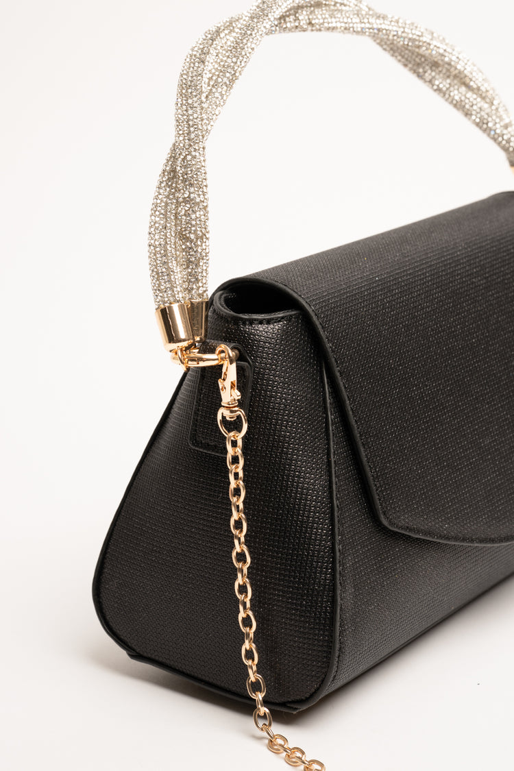 Rhinestone double top handle black clutch bag