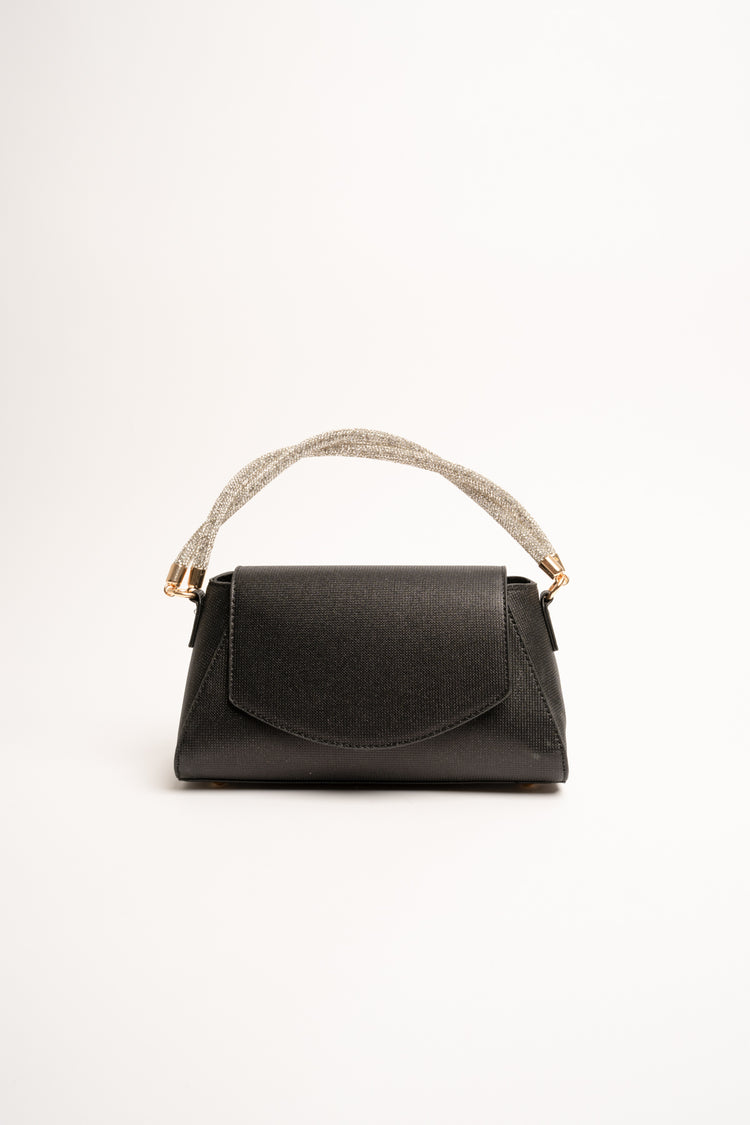 Rhinestone double top handle black clutch bag