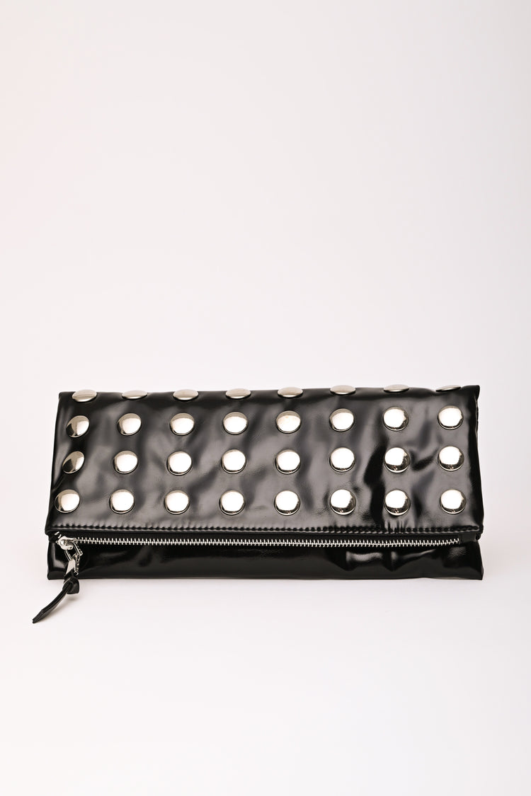 Stud embellished black faux leather foldable clutch bag