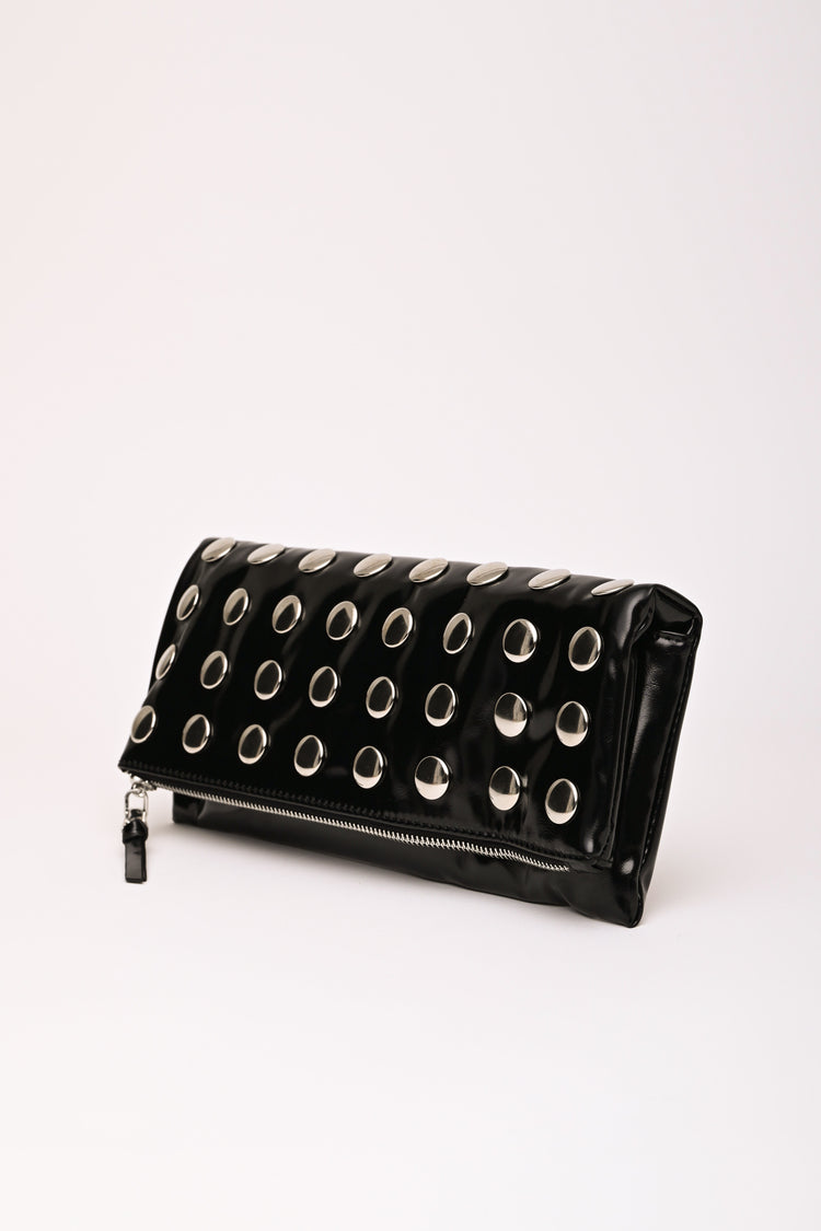 Stud embellished black faux leather foldable clutch bag