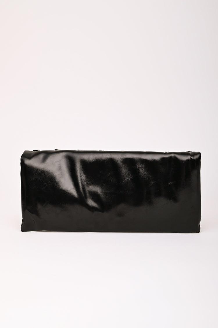 Stud embellished black faux leather foldable clutch bag