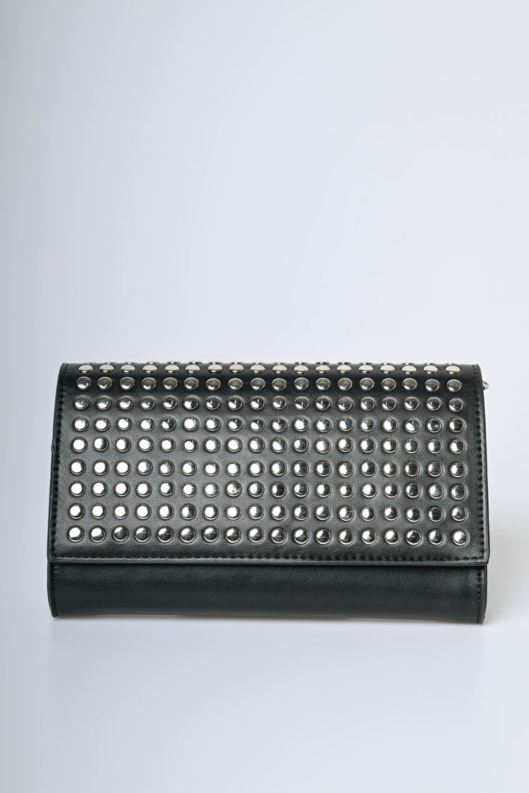 Stud embellished black faux leather clutch bag