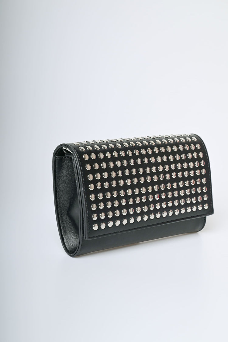 Stud embellished black faux leather clutch bag