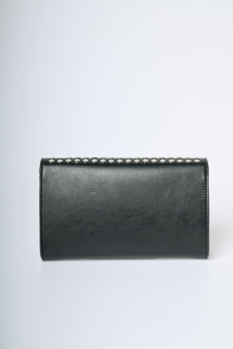 Stud embellished black faux leather clutch bag