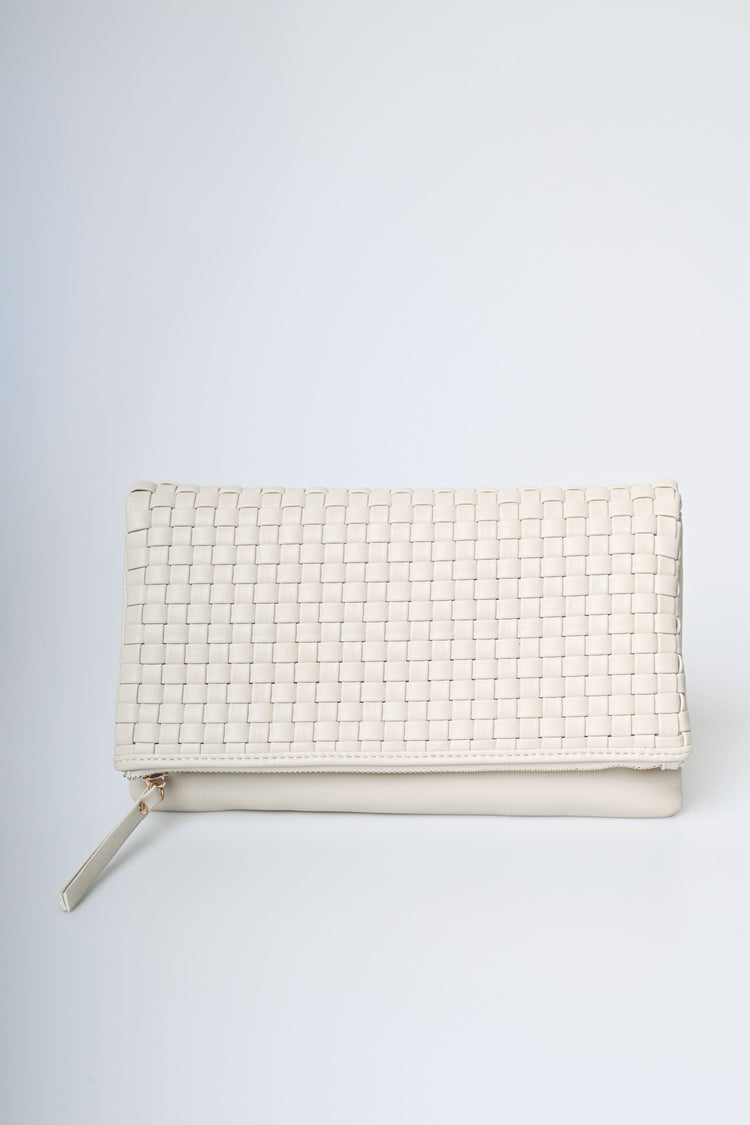 Ivory woven faux leather zipped clutch bag