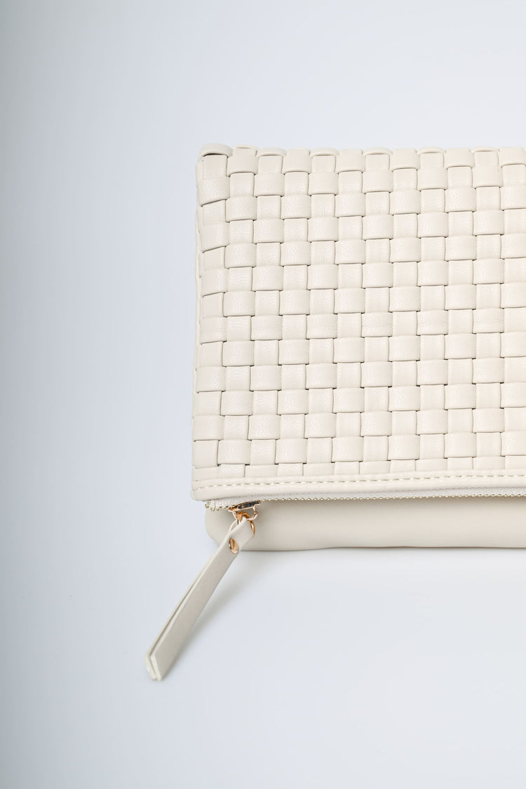 Ivory woven faux leather zipped clutch bag