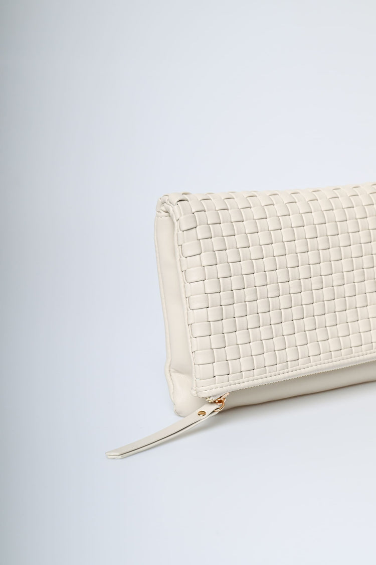 Ivory woven faux leather zipped clutch bag