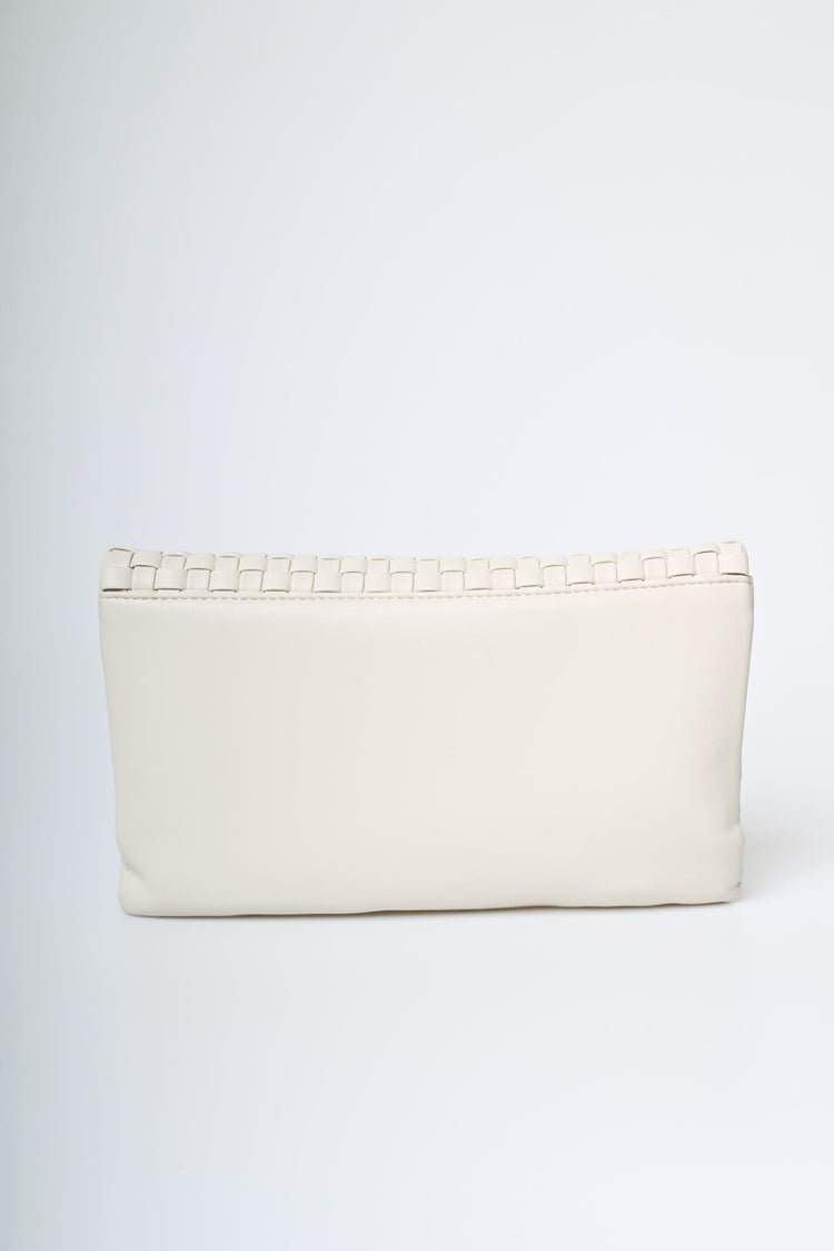Ivory woven faux leather zipped clutch bag