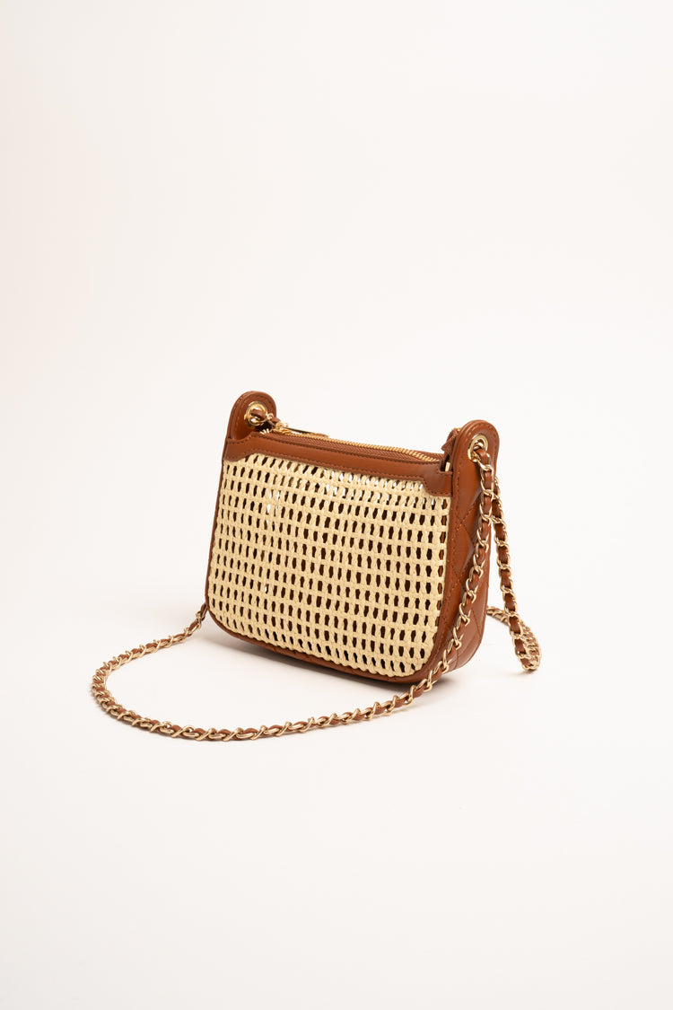 Beige and brown internal-pouch straw bag