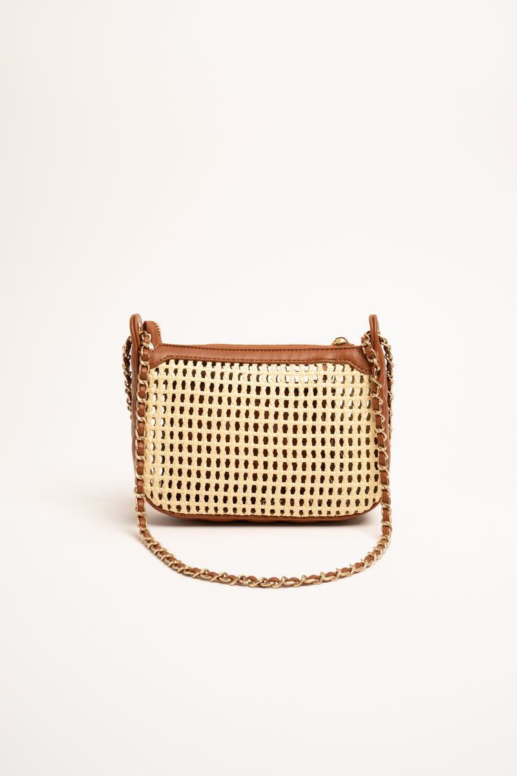 Beige and brown internal-pouch straw bag