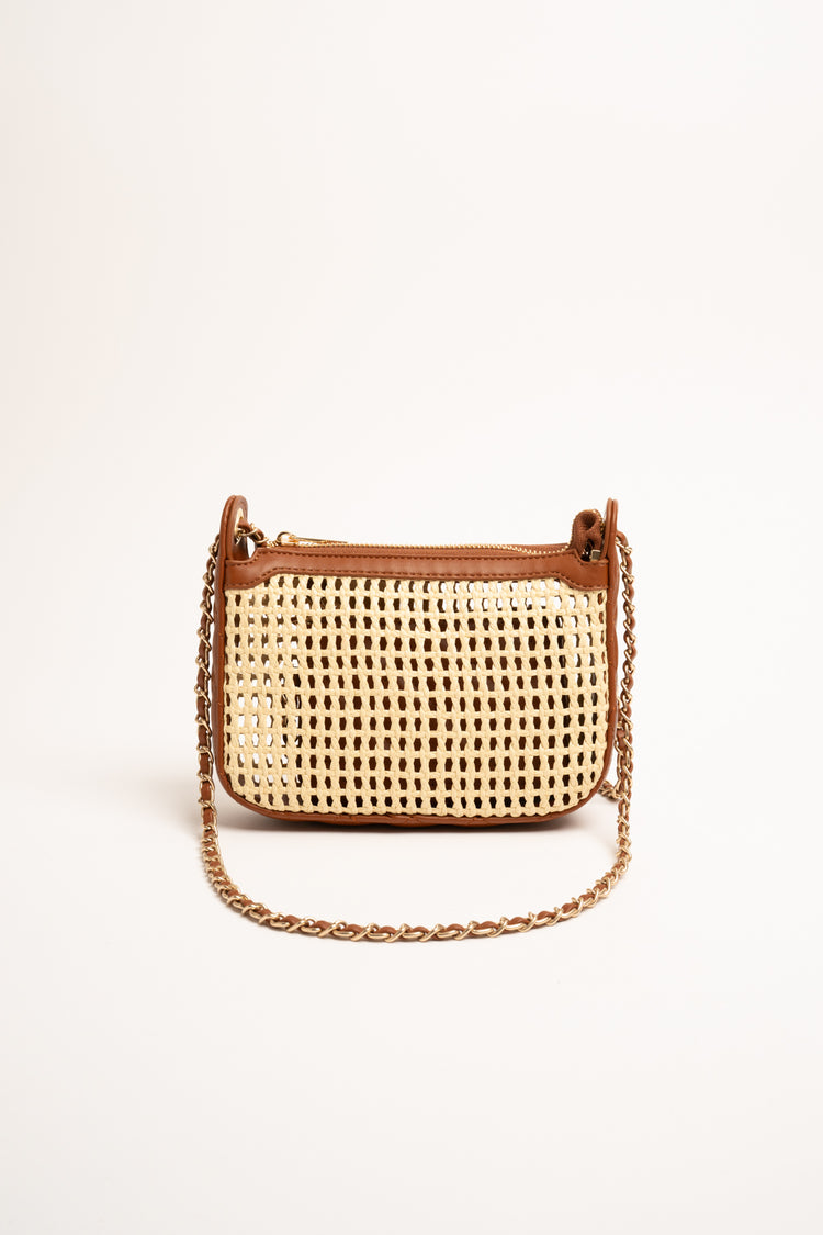 Beige and brown internal-pouch straw bag