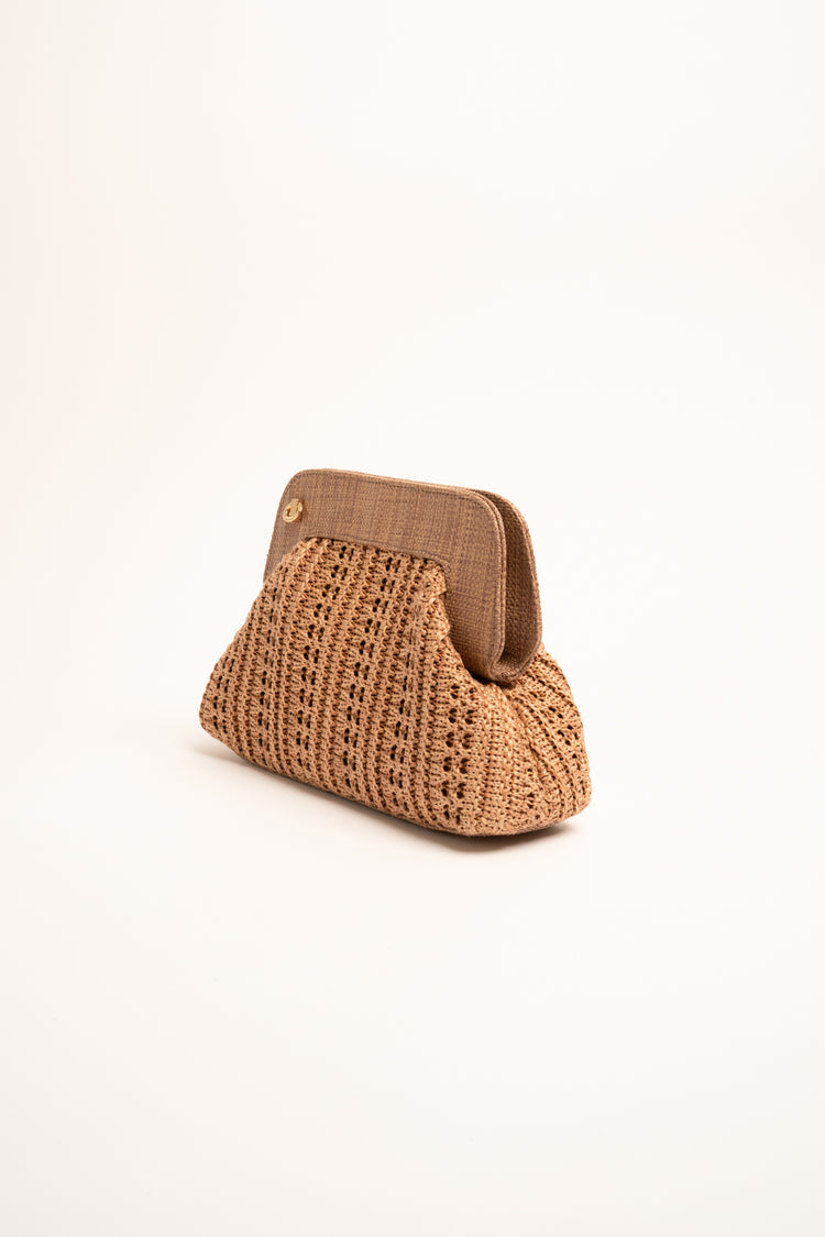 Beige crochet straw clutch bag