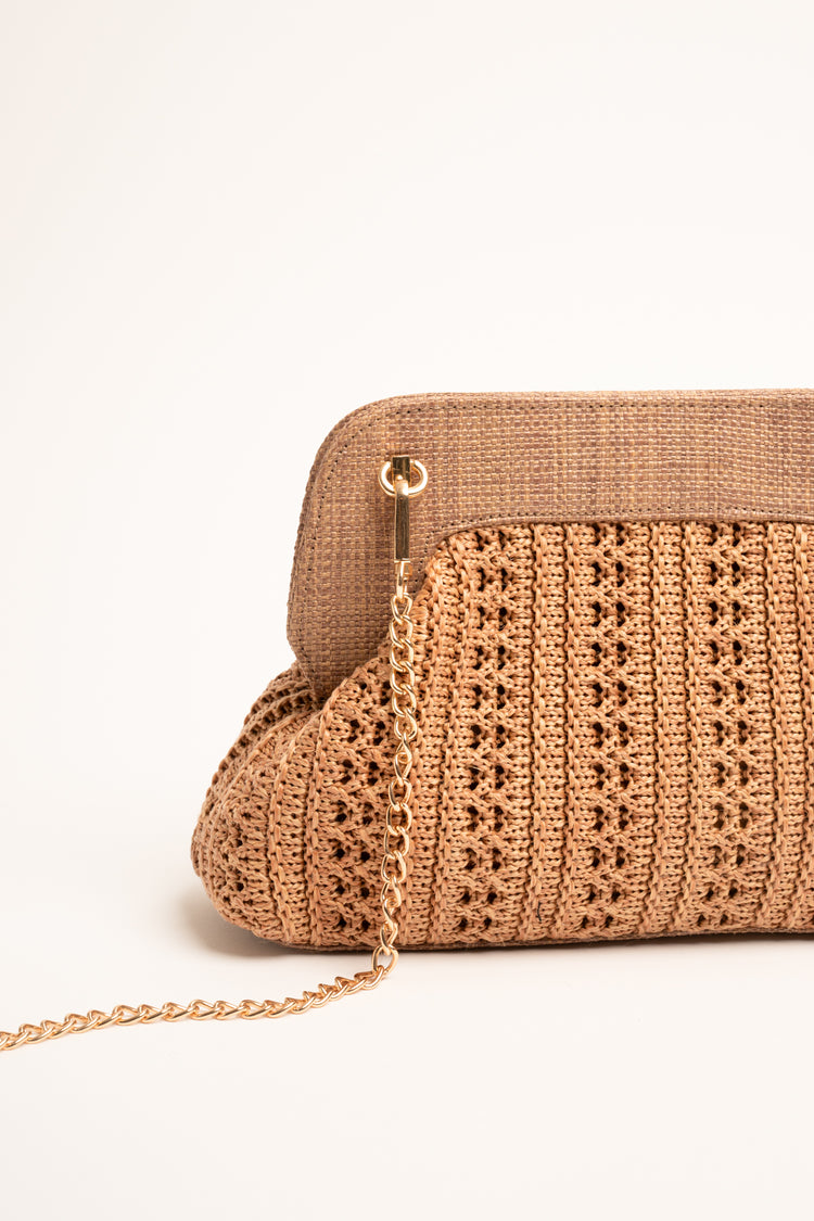 Beige crochet straw clutch bag