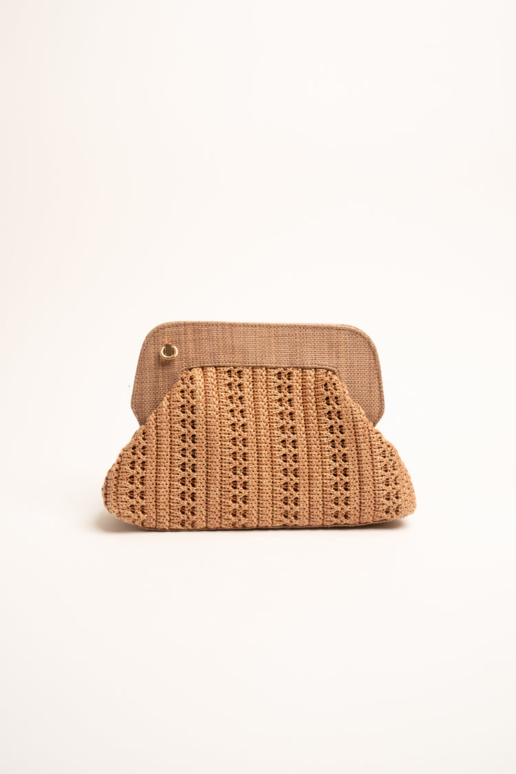 Beige crochet straw clutch bag