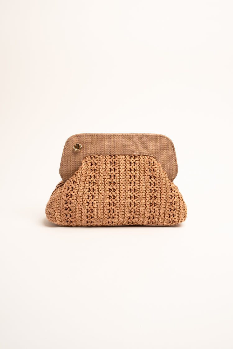 Beige crochet straw clutch bag