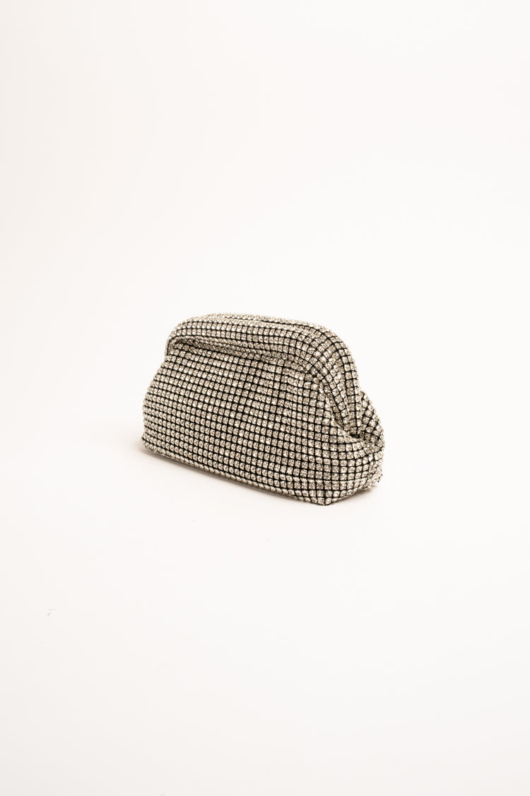 Silver-tone rhinestone-embellished knit clutch bag