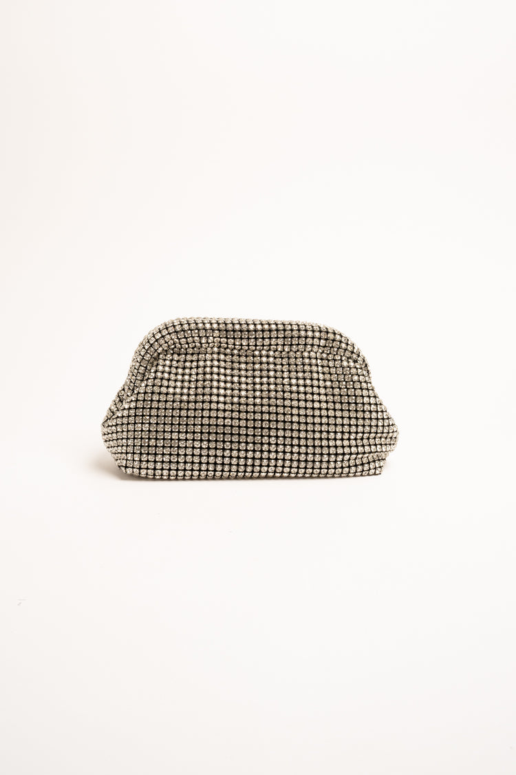 Silver-tone rhinestone-embellished knit clutch bag