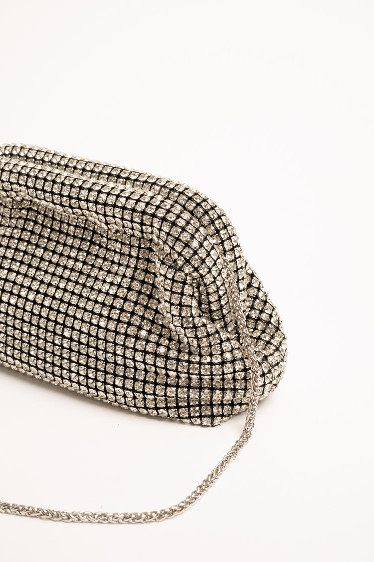 Silver-tone rhinestone-embellished knit clutch bag