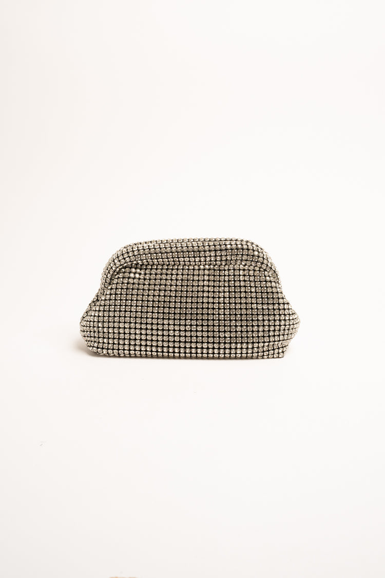 Silver-tone rhinestone-embellished knit clutch bag